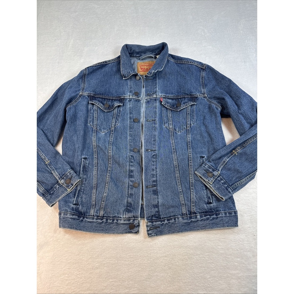 Levis Denim Trucker Jacket Men's Medium Wash Button Front Red Tab Size XL Fits L